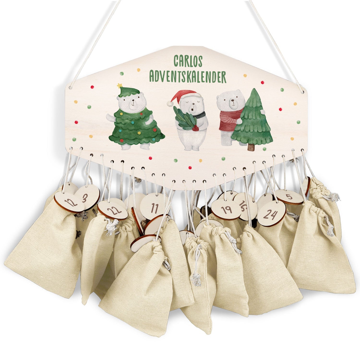 Personalisierter Adventskalender aus Holz mit Druckmotiv & Namen - Eisbären
