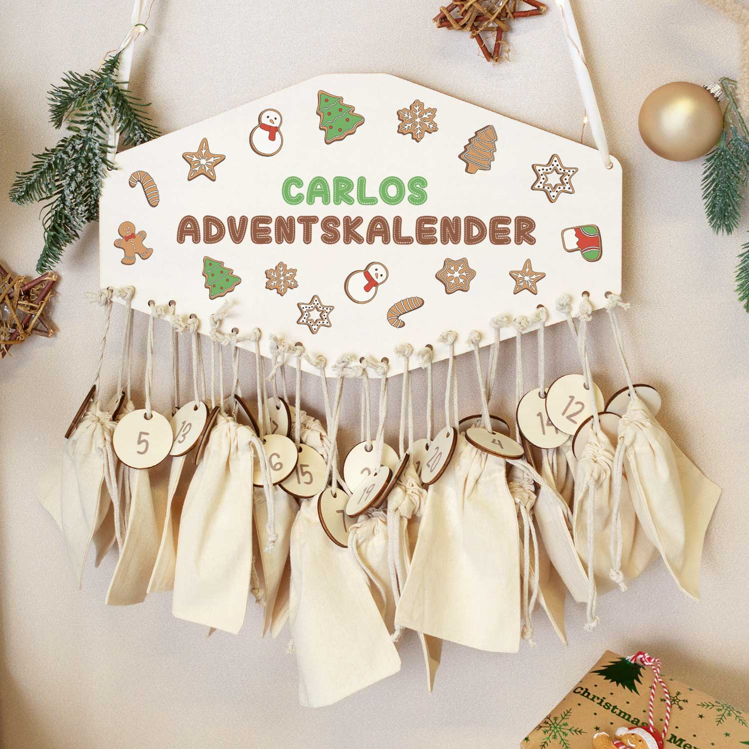 Personalisierter Adventskalender aus Holz mit Druckmotiv & Namen - Lebkuchen