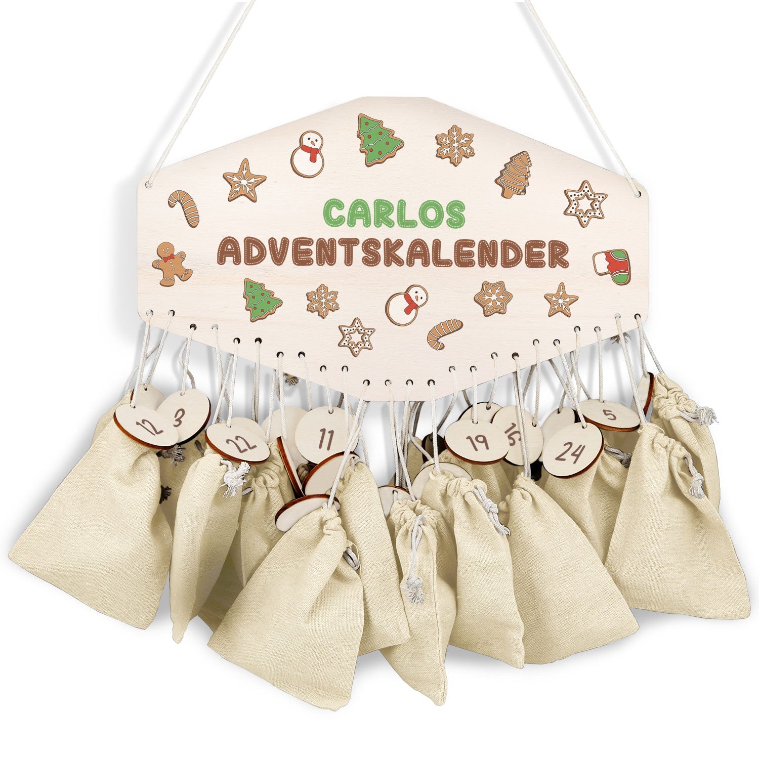 Personalisierter Adventskalender aus Holz mit Druckmotiv & Namen - Lebkuchen