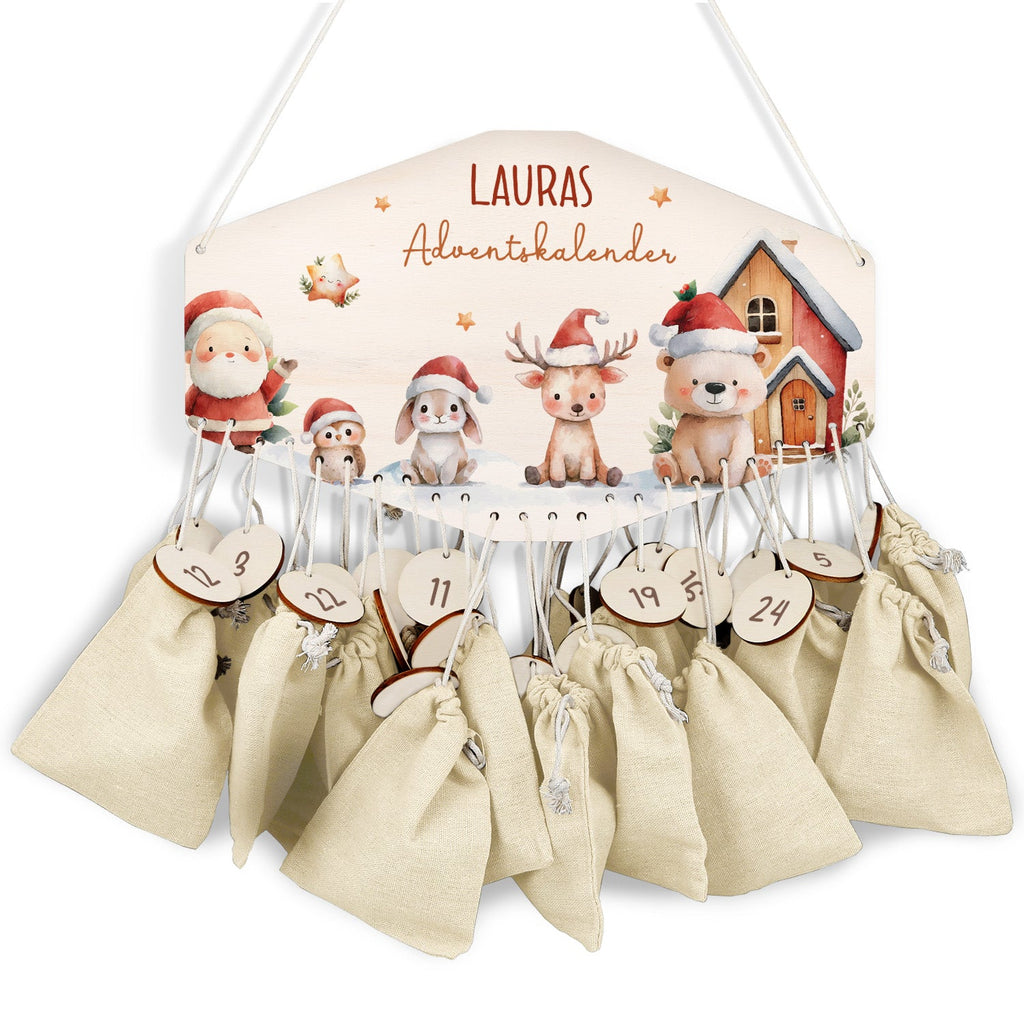 Personalisierter Adventskalender aus Holz mit Druckmotiv & Namen - Schneetiere