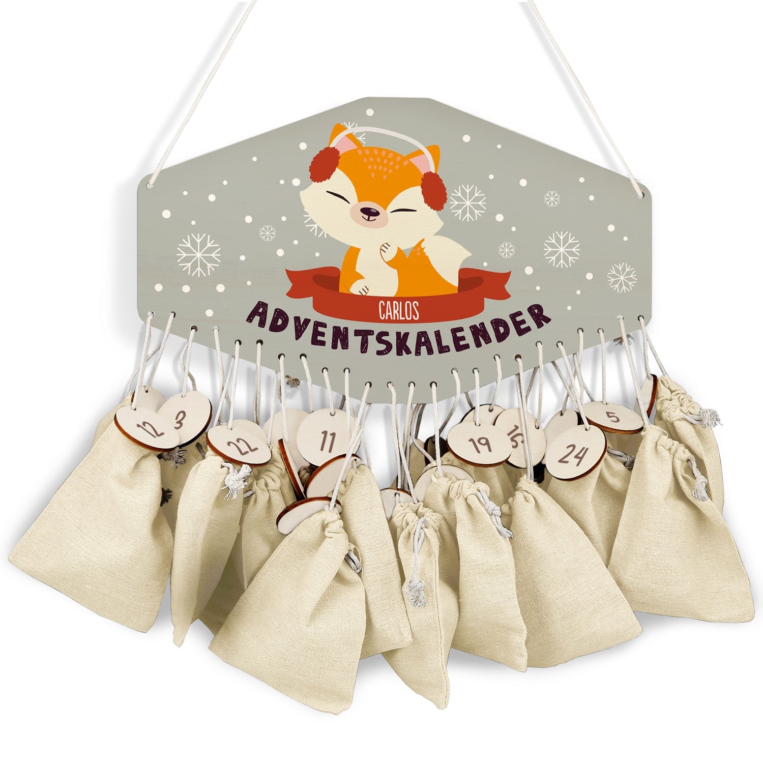 Personalisierter Adventskalender aus Holz mit Druckmotiv & Namen - Wintertiere