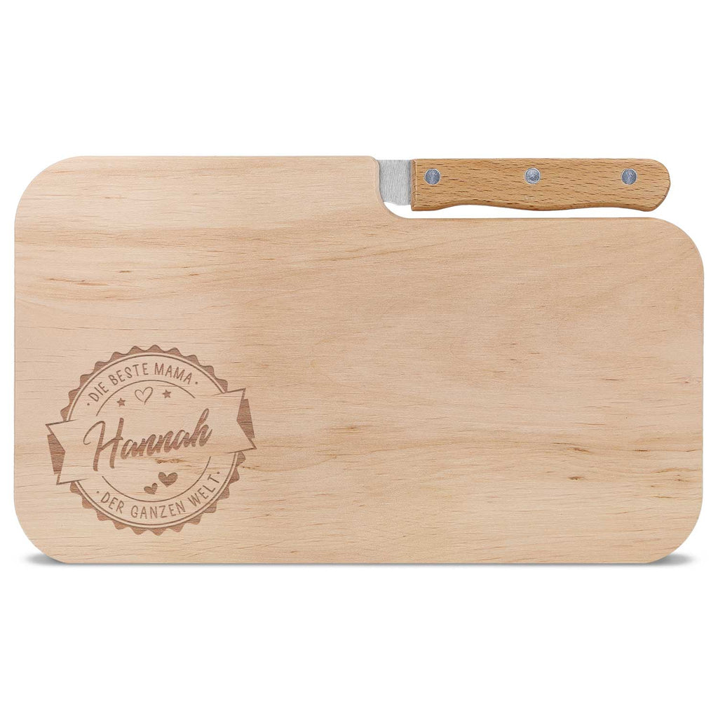 Frühstücksbrettchen mit Gravur - Inklusive Messer - Beste Mama Logo mit Name