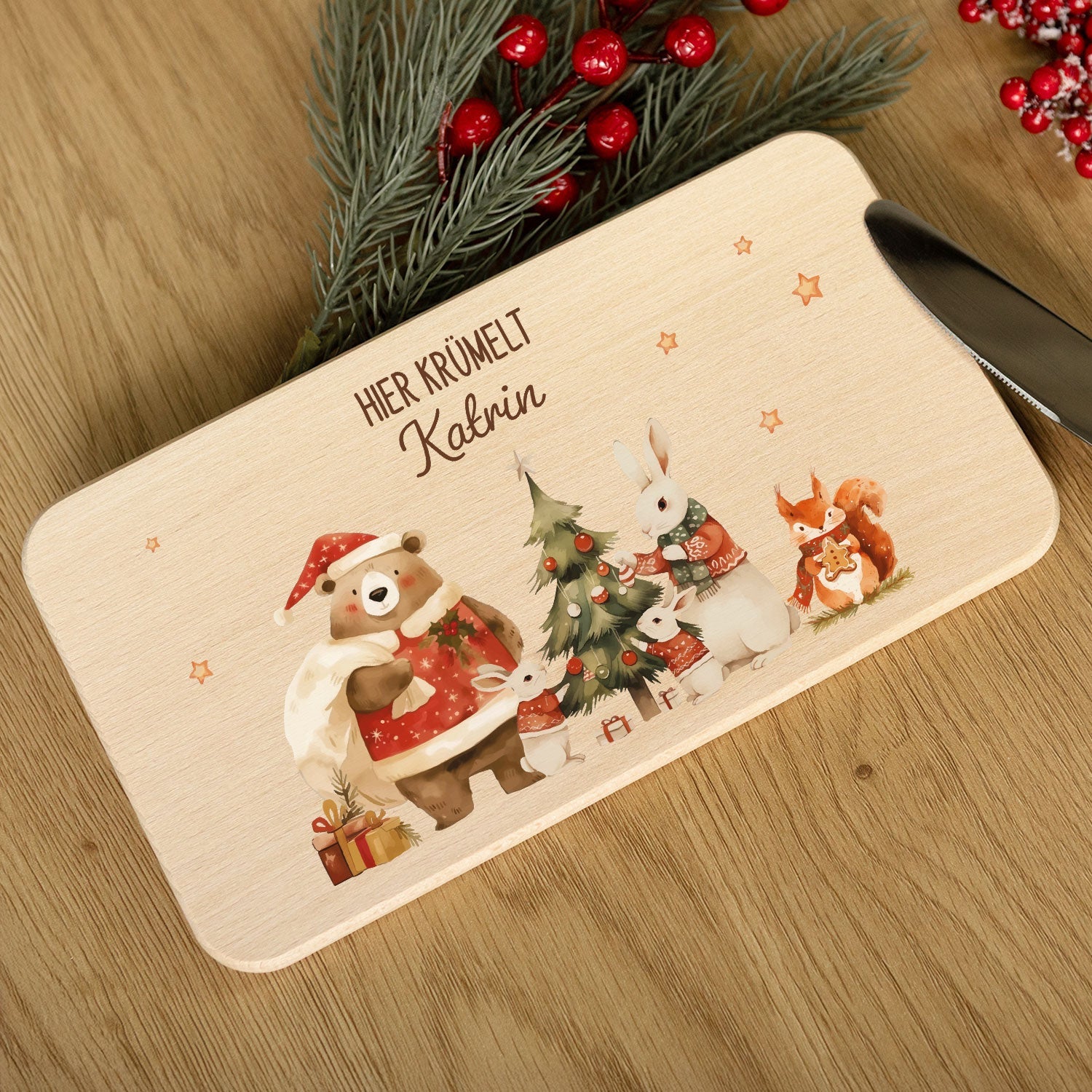 Frühstücksbrettchen zu Weihnachten - Pullovertiere - personalisiert mit Name