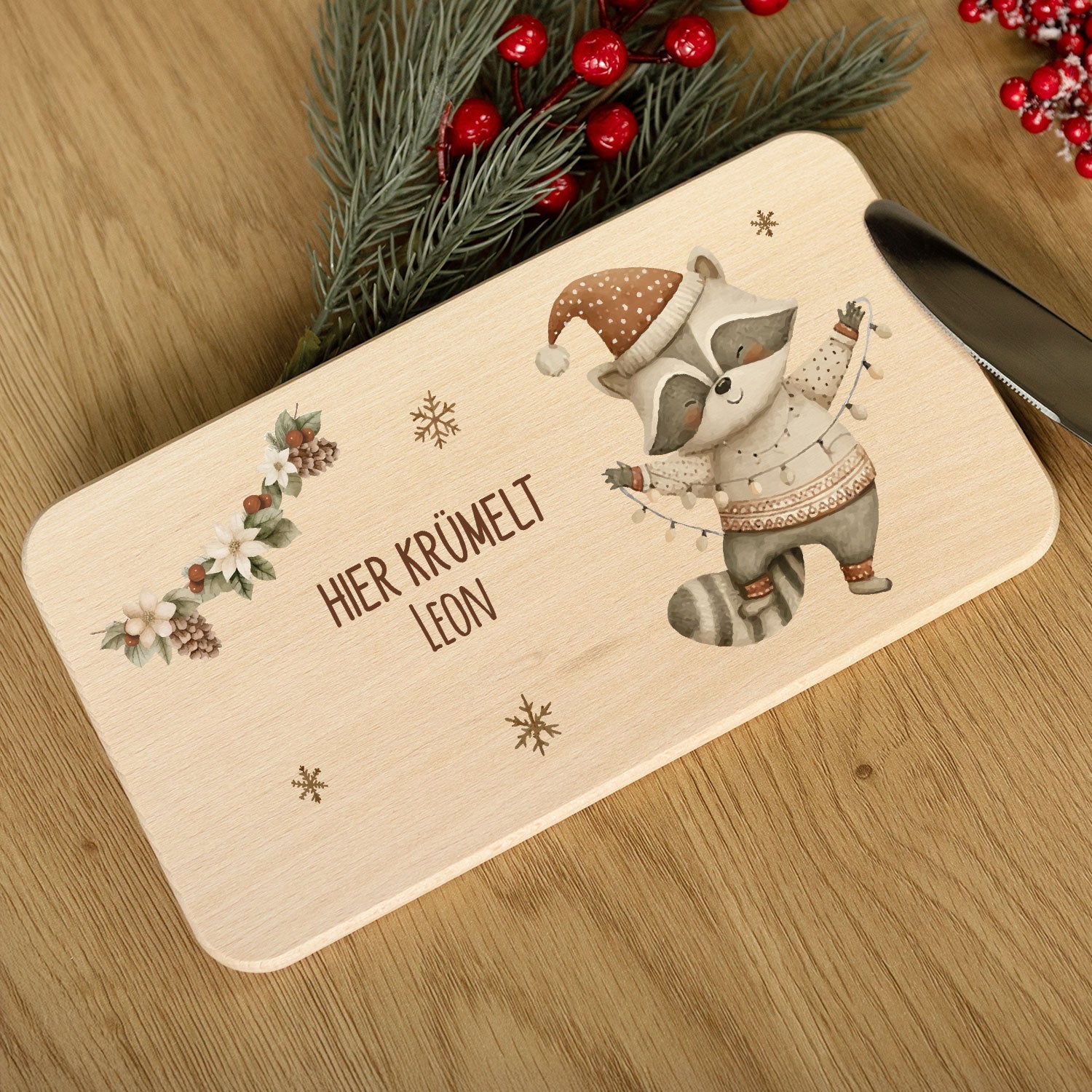 Frühstücksbrettchen zu Weihnachten - Waschbär - personalisiert mit Name