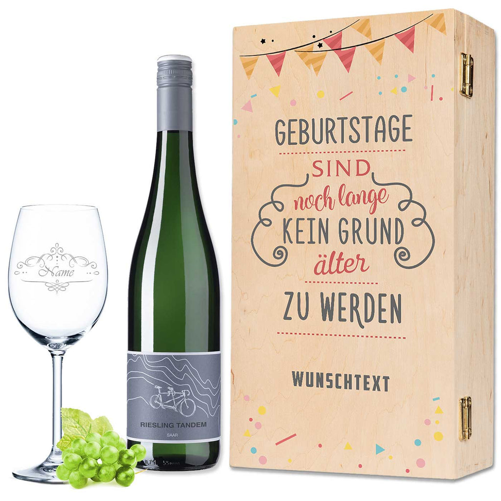 Leonardo Weinglas inkl. bedruckter Holzkiste + Weinflasche - Geburtstage sind kein Grund