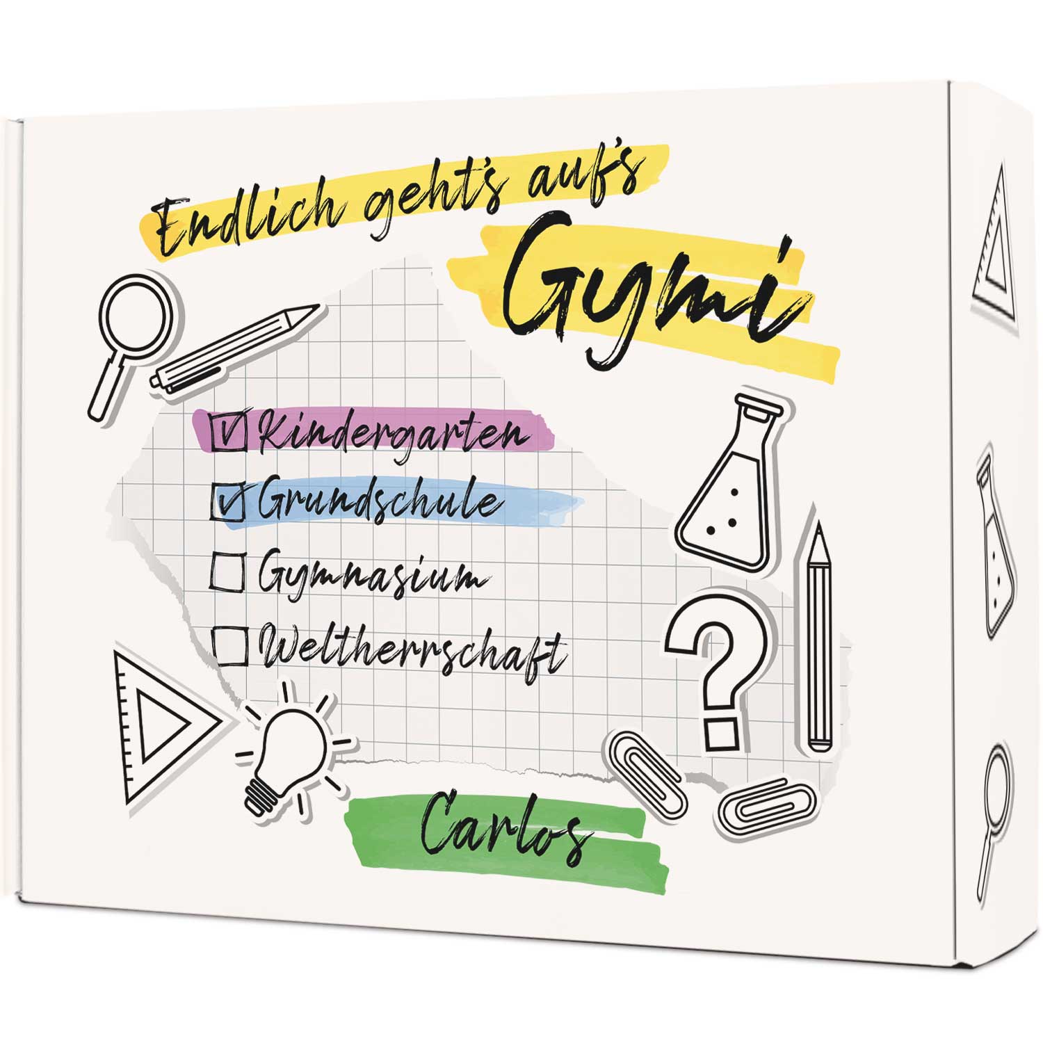 Personalisierte Geschenkbox - Endlich gehts aufs Gymi - Einschulung