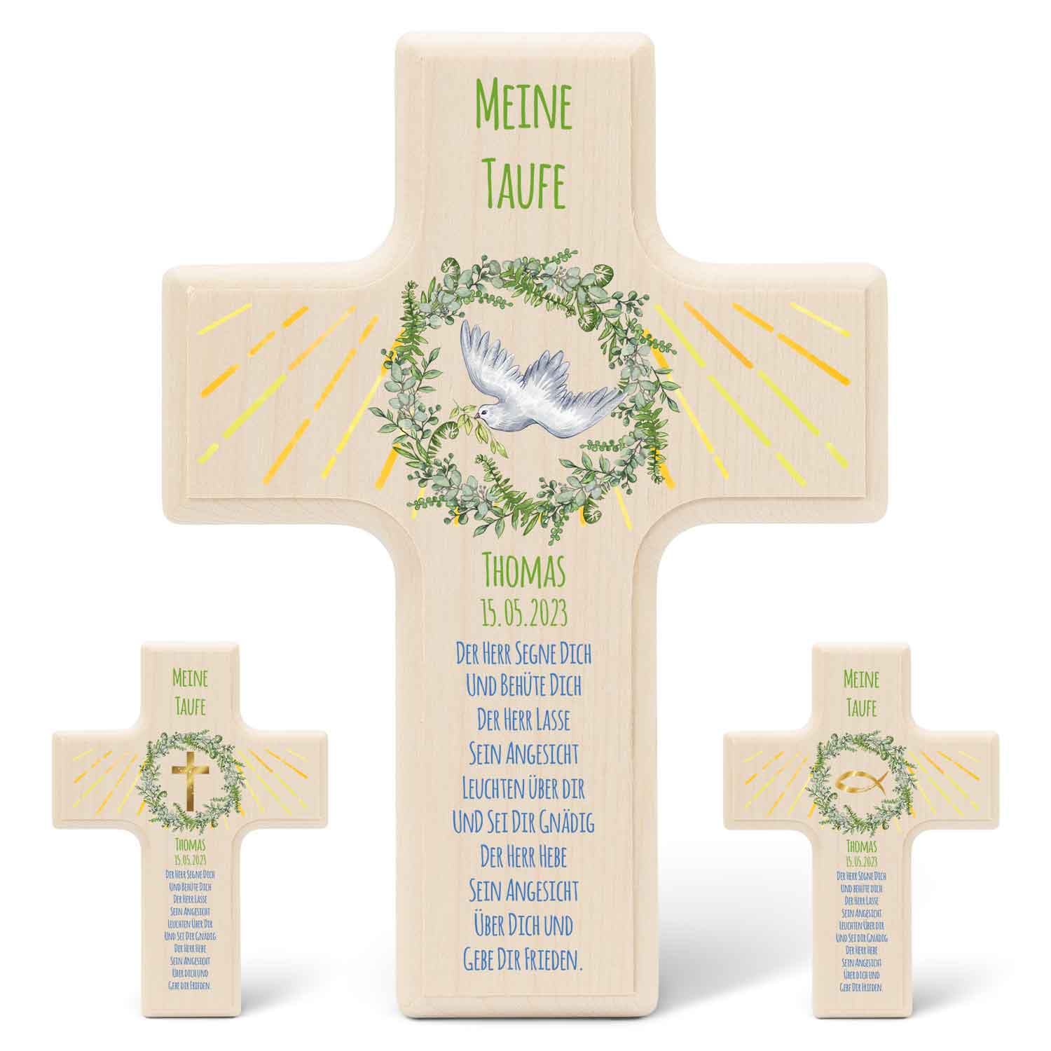 Personalisierbares Holzkreuz zur Taufe Konfirmation und Kommunion - Kranz Design