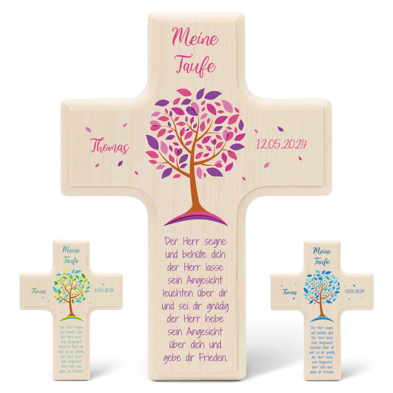 Personalisierbares Holzkreuz zur Taufe Konfirmation und Kommunion - Lebensbaum Design