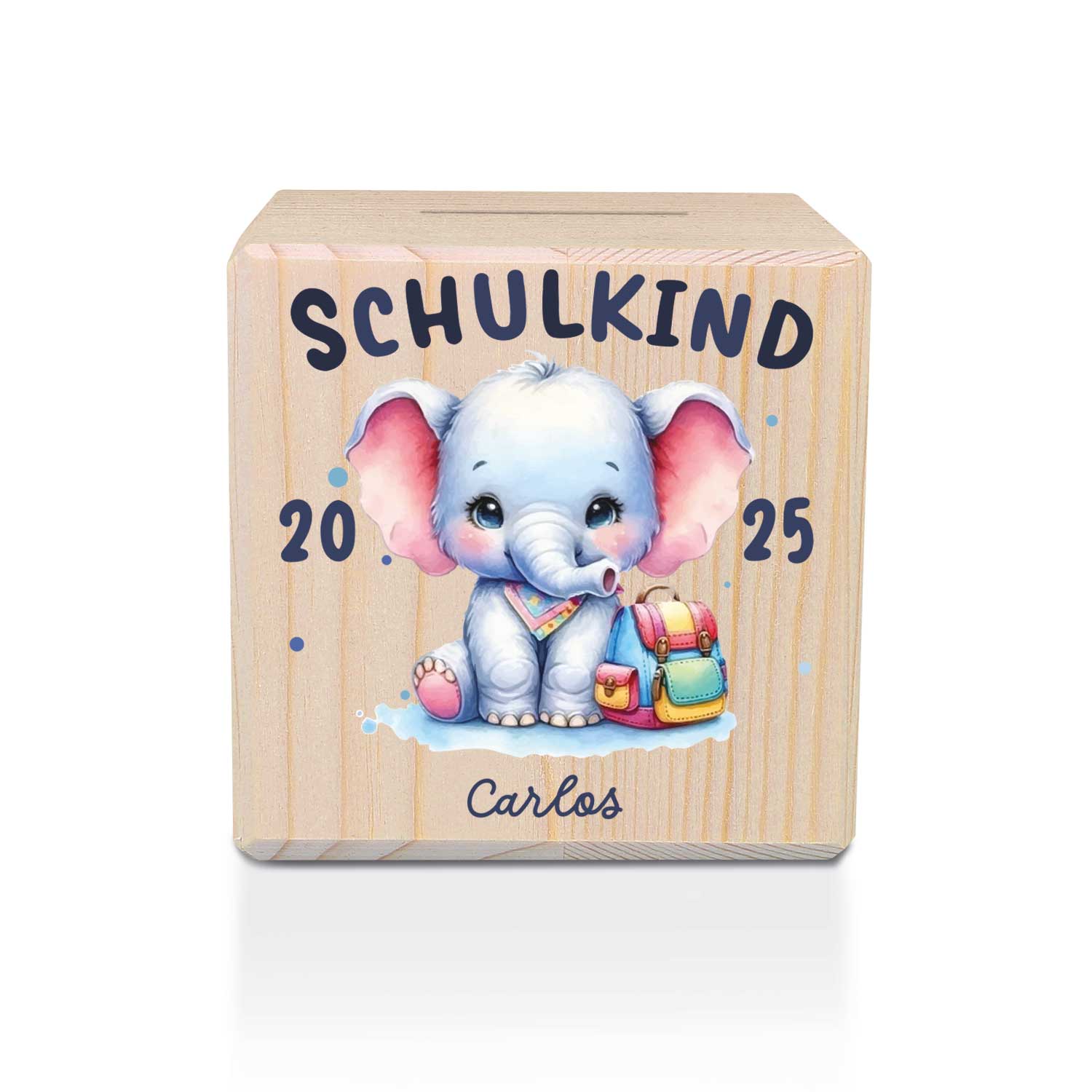 Spardose aus Holz - Schulkind