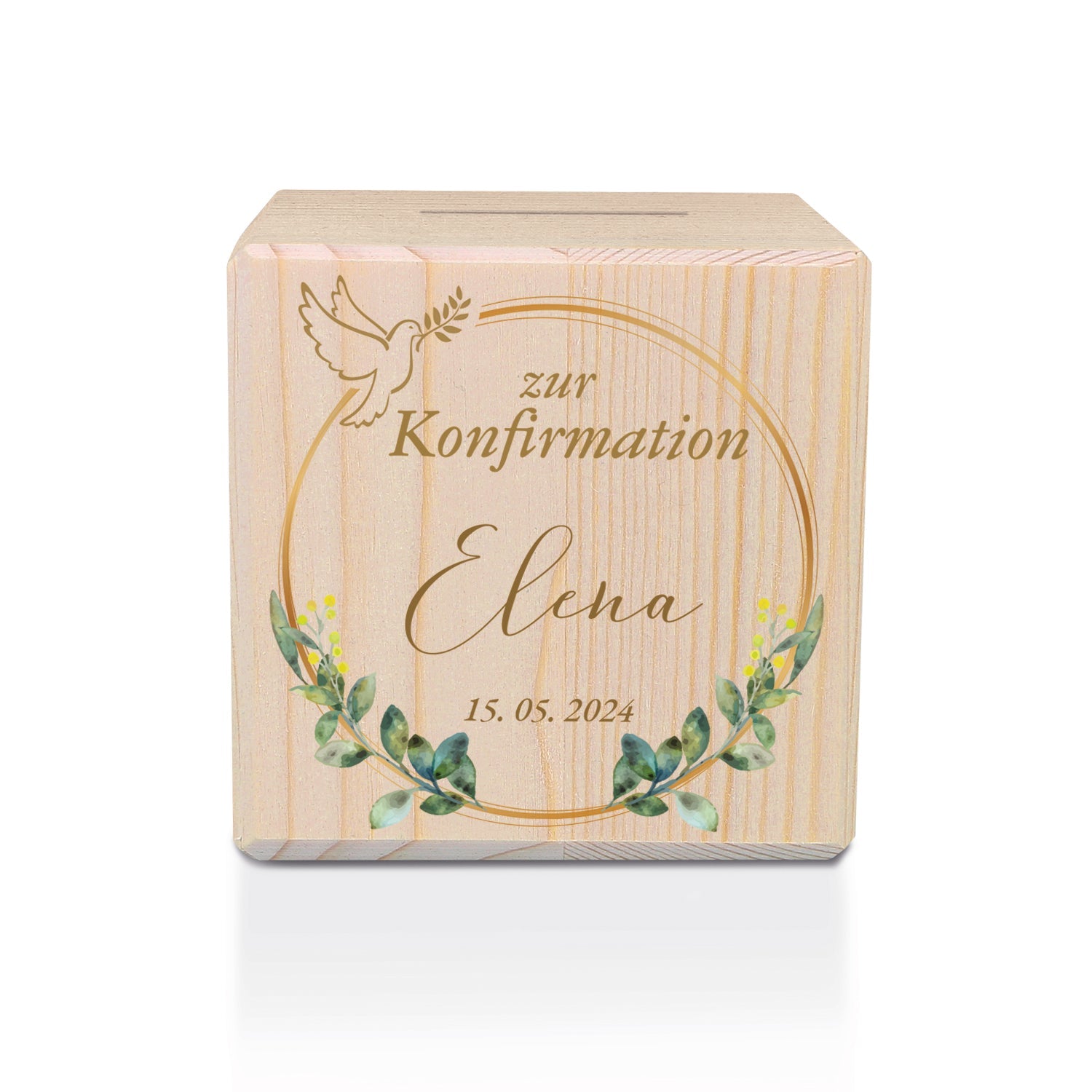 Spardose aus Holz - Taube Gold