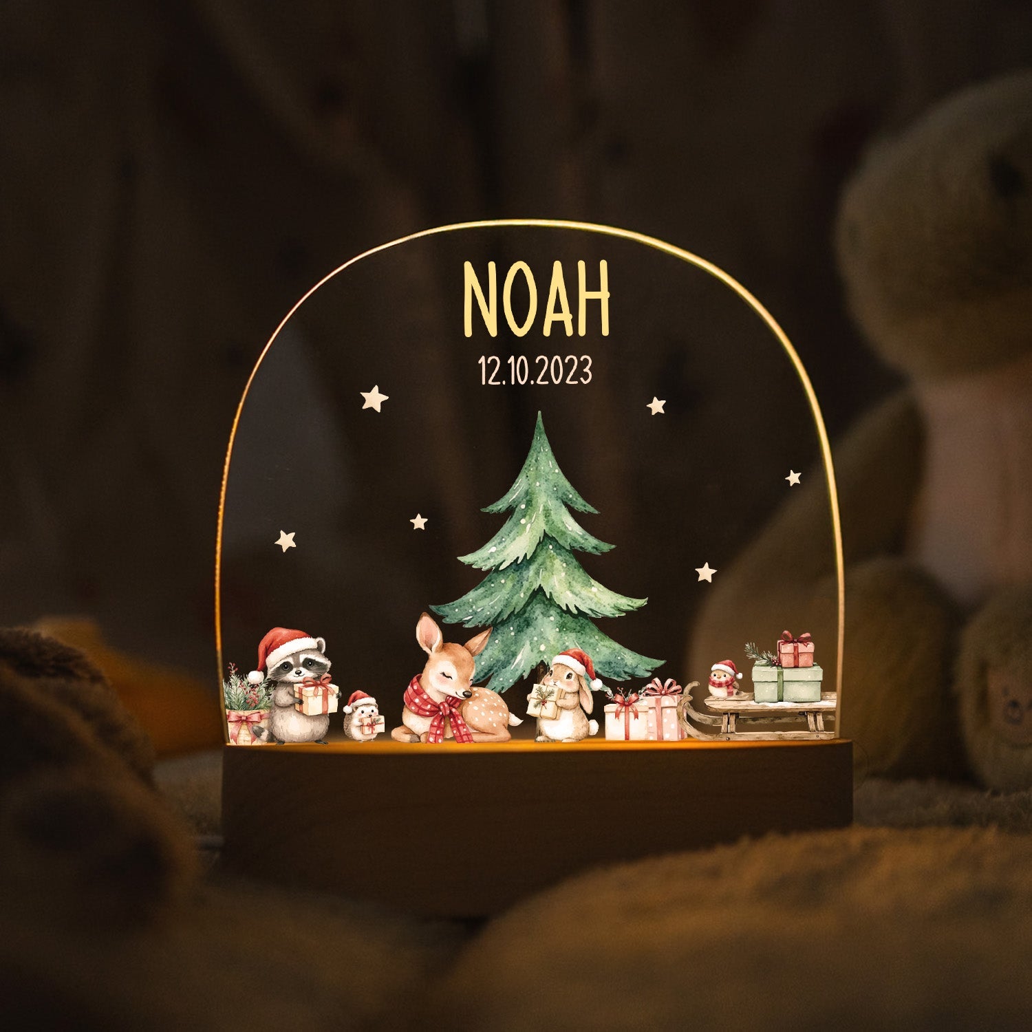 Kinder LED Nachtlicht mit Sockel aus Holz - "Geschenktiere"