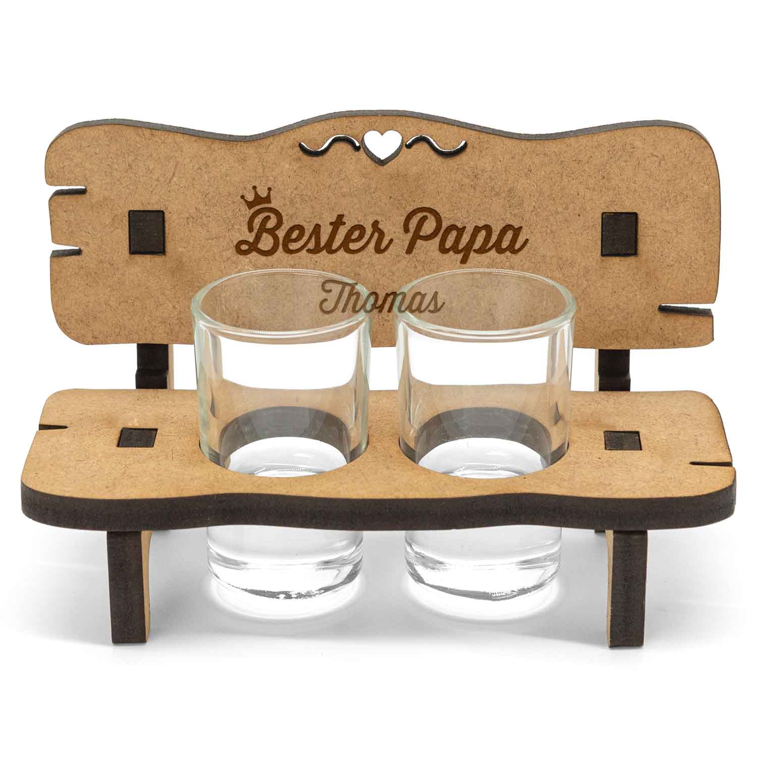 Gravierte Schnapsbank mit Name im Bester Papa Design + 2 Schnapsgläser