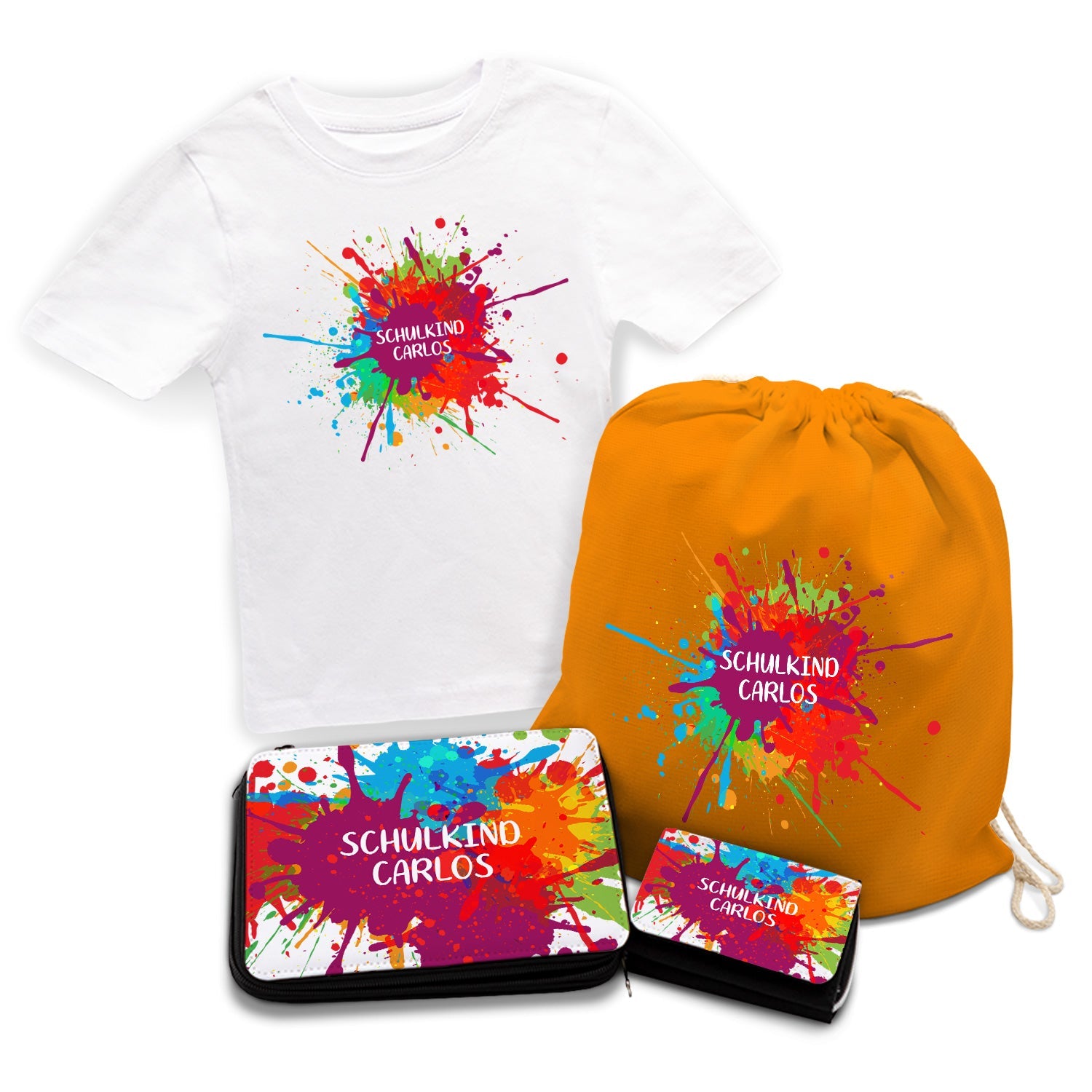Personalisiertes Schulset - Colorsplash - mit T-Shirt, Sportbeutel,  Federmappe & Geldbörse