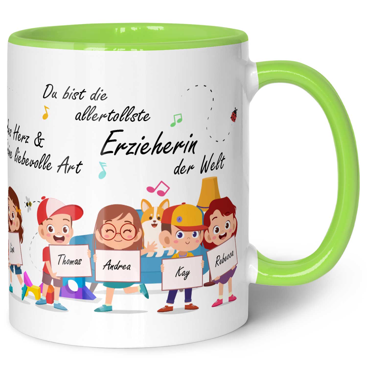 Bedruckte Tasse mit Spruch Erzieher/in Abschied mit Schildern für bis zu 10 Namen