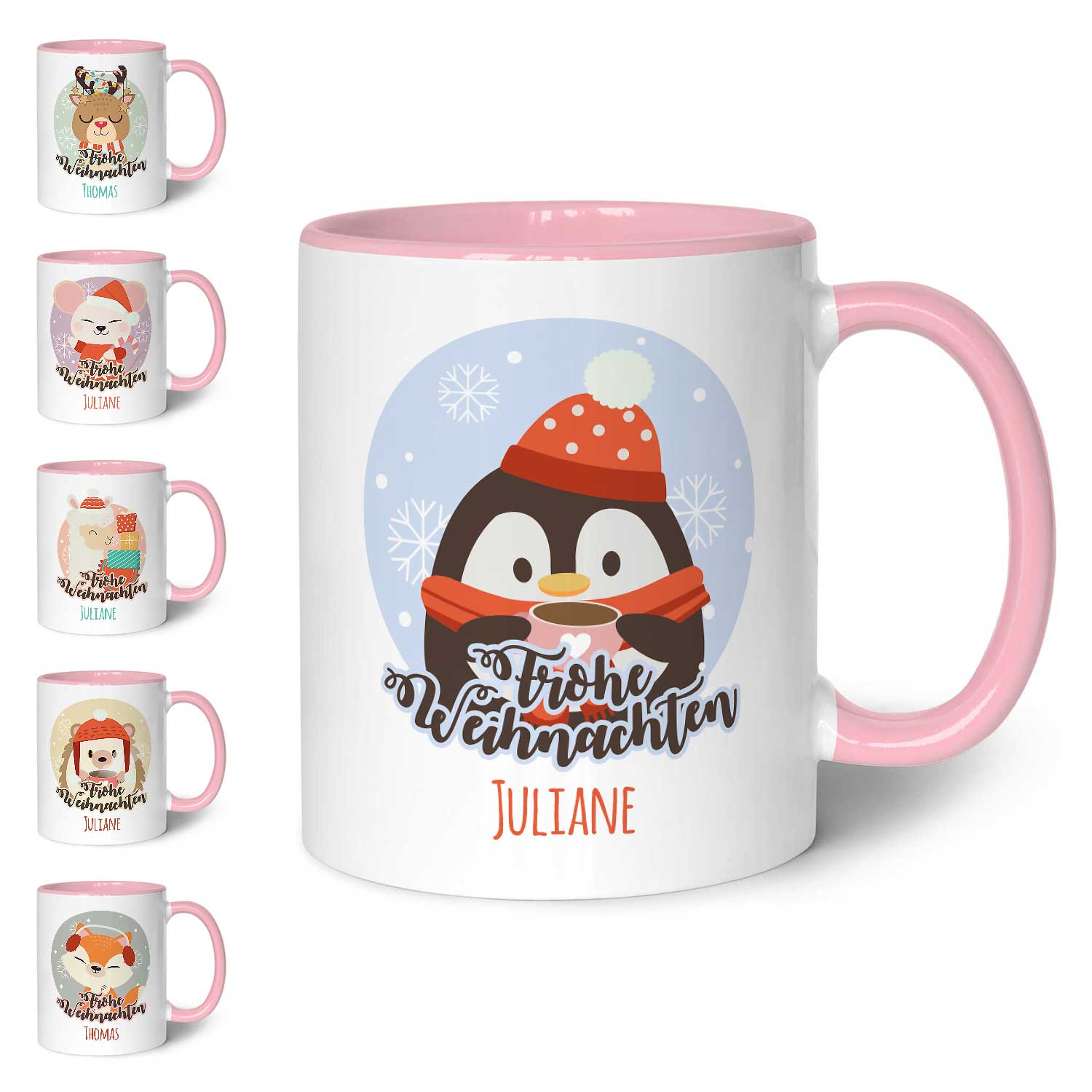 Bedruckte Tasse mit Weihnachtsmotiv - Weihnachtstiere mit Name
