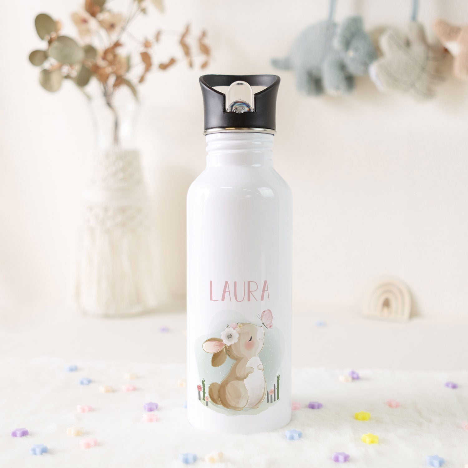 Bedruckte Trinkflasche aus Edelstahl - Hase