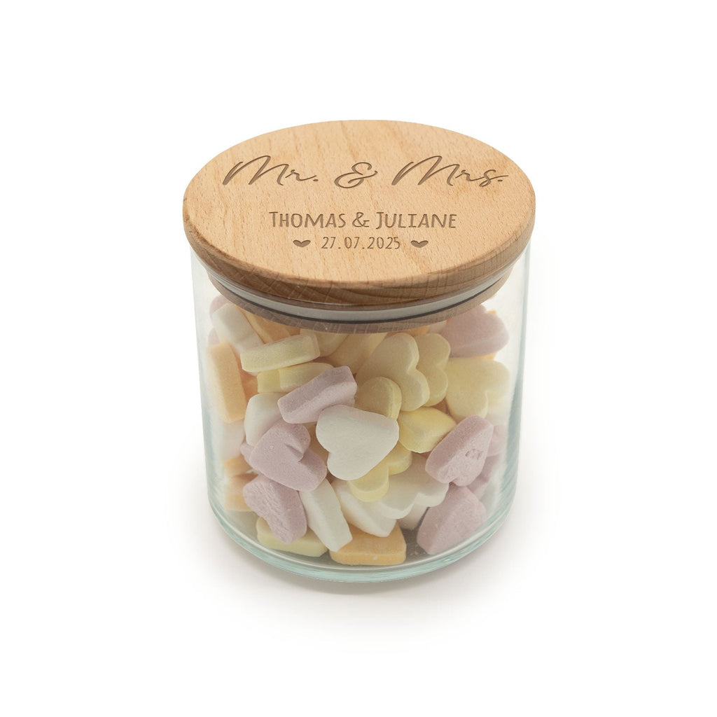 Graviertes Vorratsglas mit Holzdeckel - Mr & Mrs