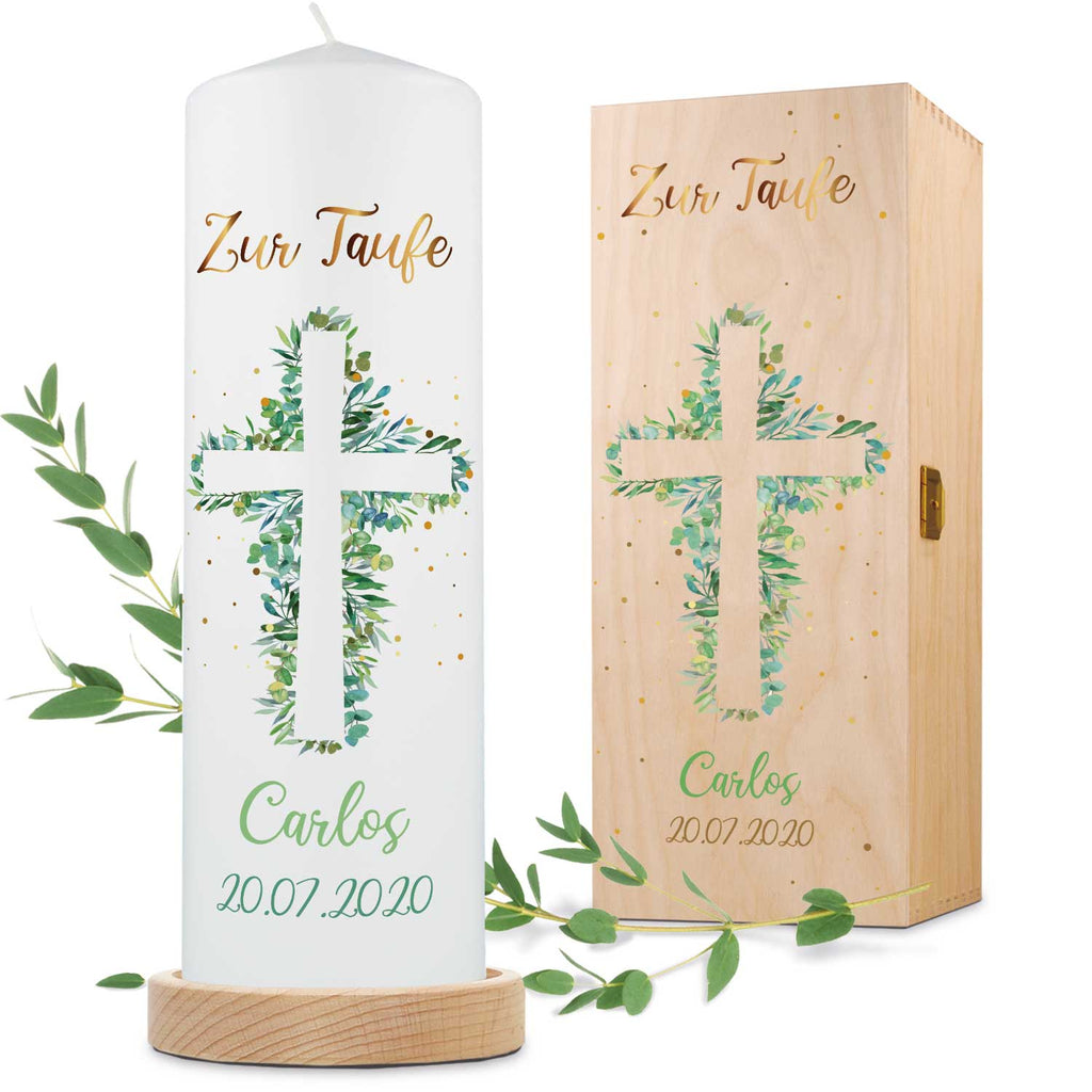 Große Kerze "Eukalyptus Kreuz" - Taufkerze mit Namen, Datum & Taufspruch