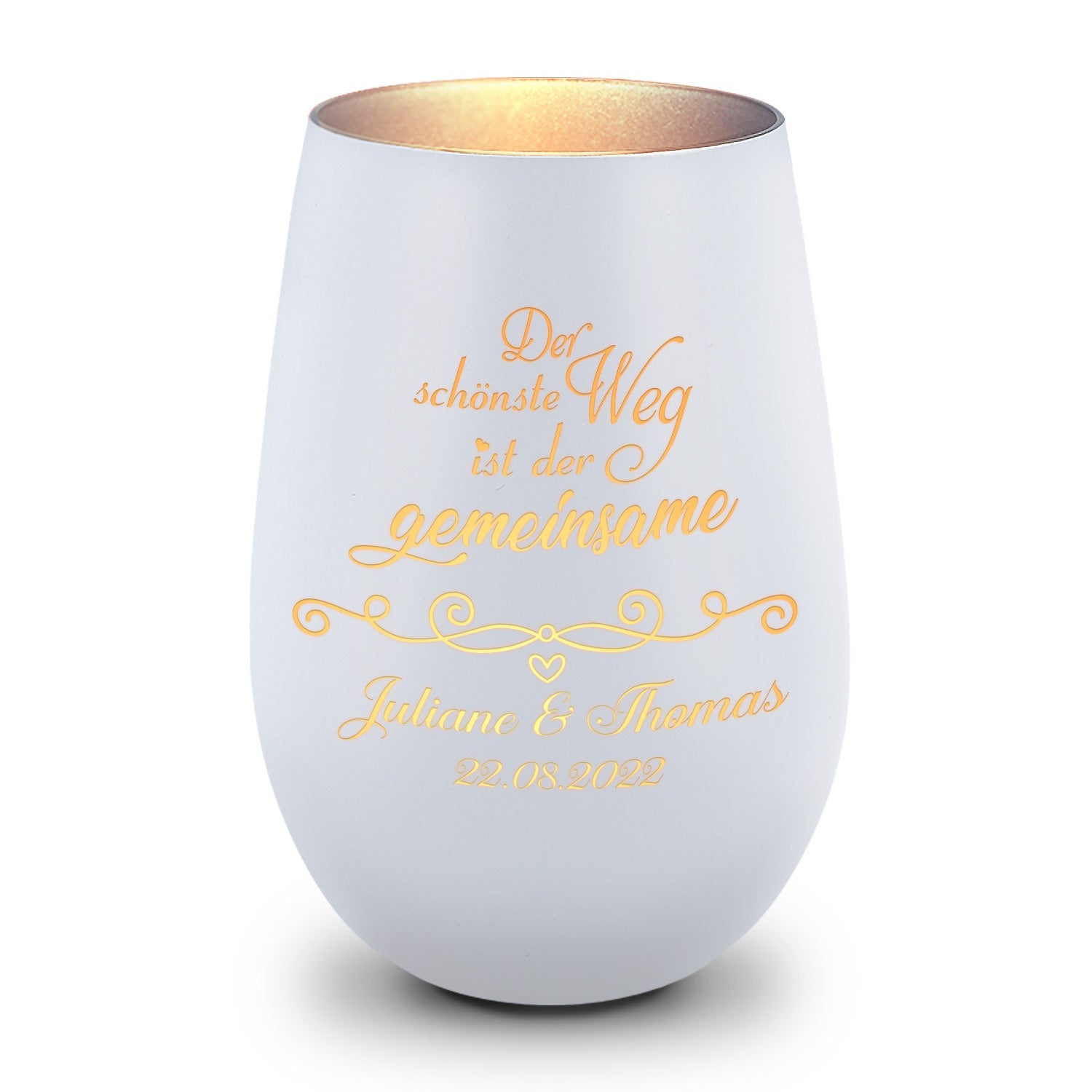Deko Windlicht aus Glas mit Gravur - Der schönste Weg ist der gemeinsame - Personalisiert mit Namen