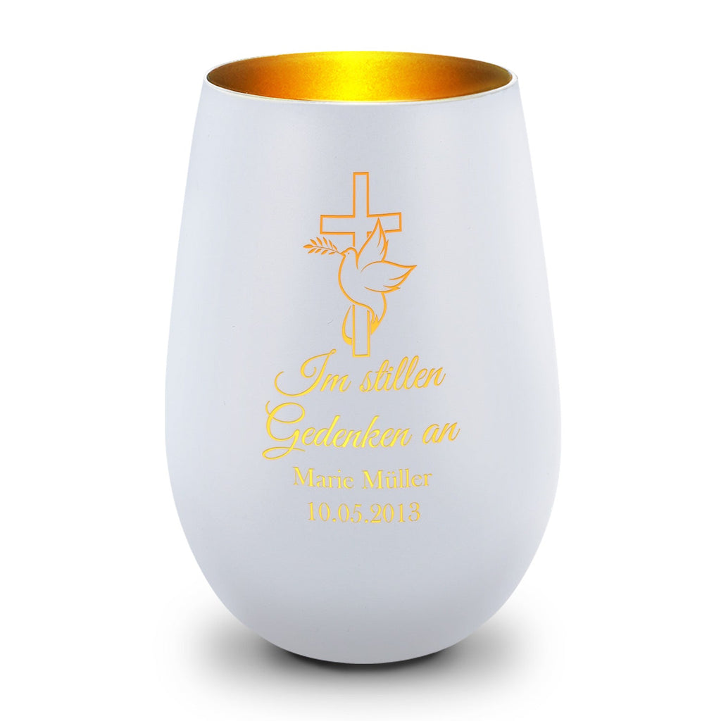 Deko Windlicht aus Glas mit Gravur - Im Stillen Gedenken - Personalisiert mit Namen & Datum - Trauer