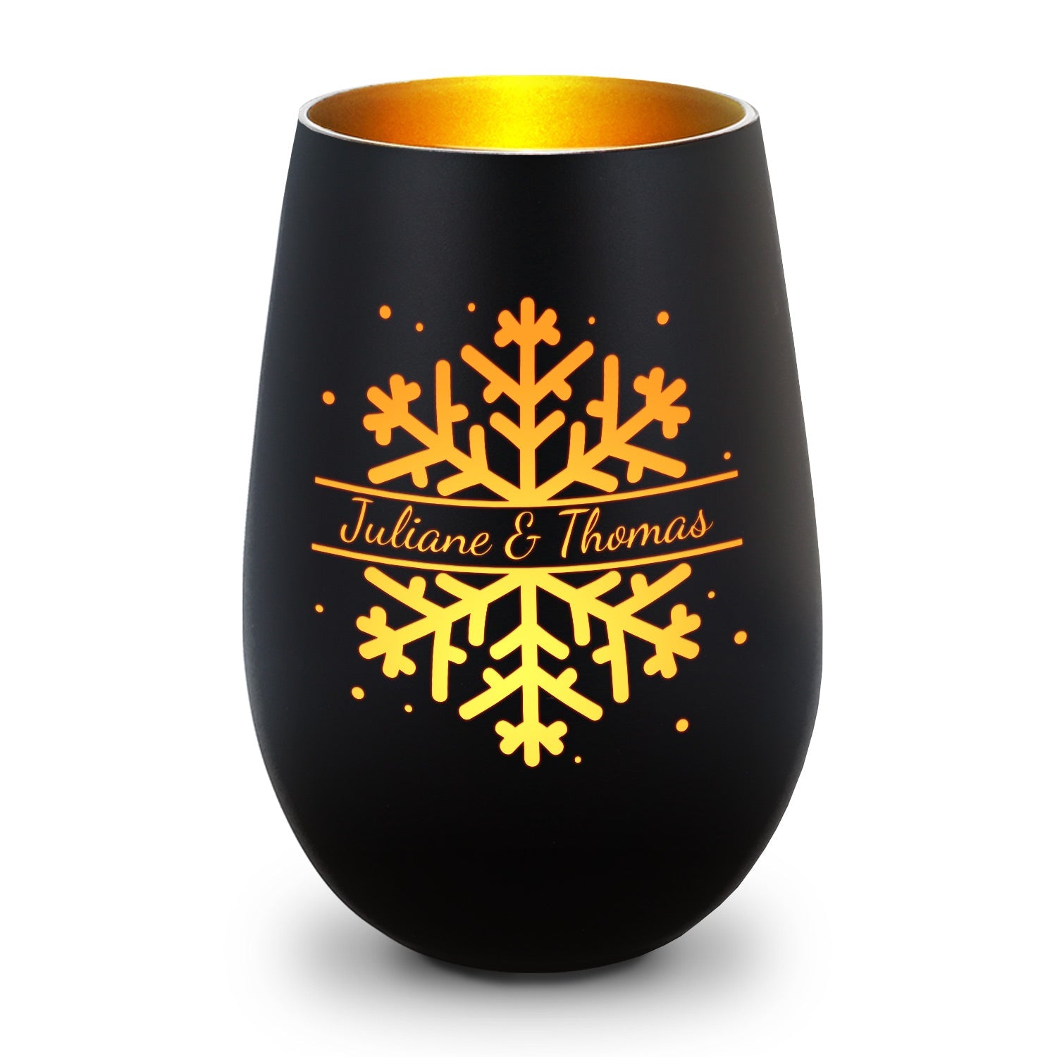 Deko Windlicht aus Glas mit Gravur - Schneeflocke - Personalisiert mit Namen - Geschenk zu Weihnacht