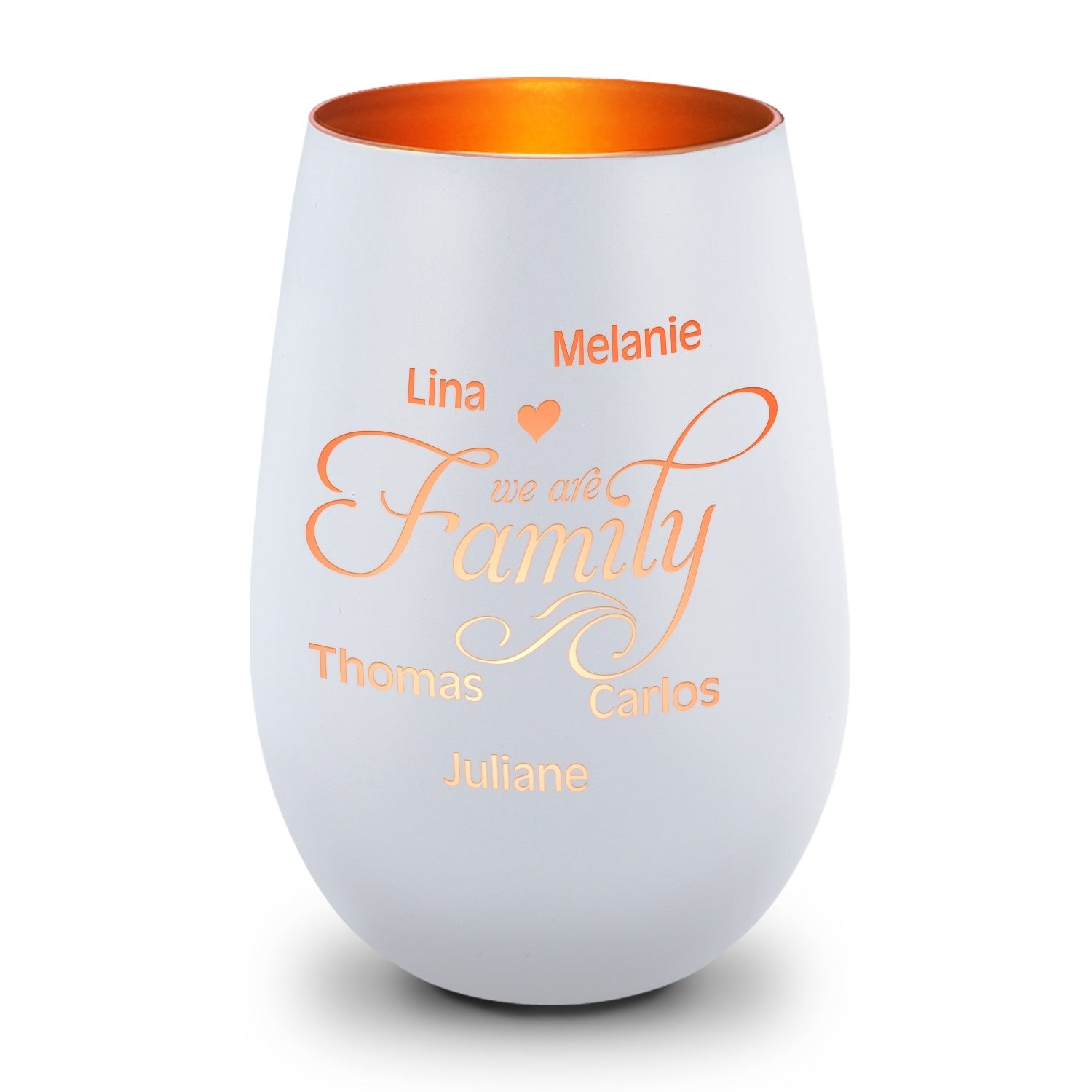 Deko Windlicht aus Glas mit Gravur - We are Family - Personalisiert mit bis zu fünf Namen