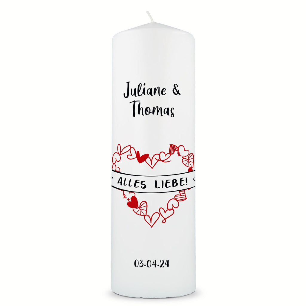Große Kerze "Alles Liebe" - Hochzeitskerze mit Namen, Datum & Wunschtext