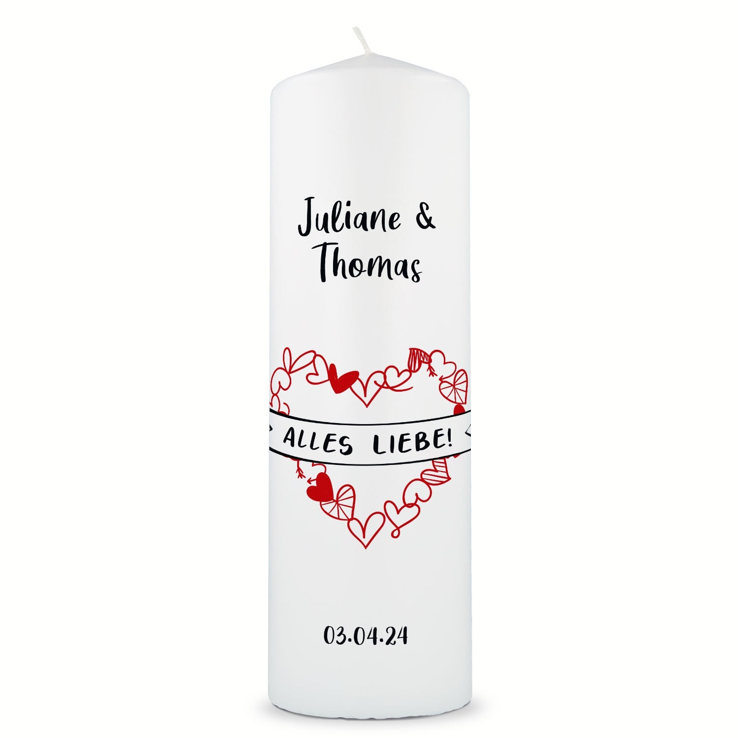 Große Kerze "Alles Liebe" - Hochzeitskerze mit Namen, Datum & Wunschtext