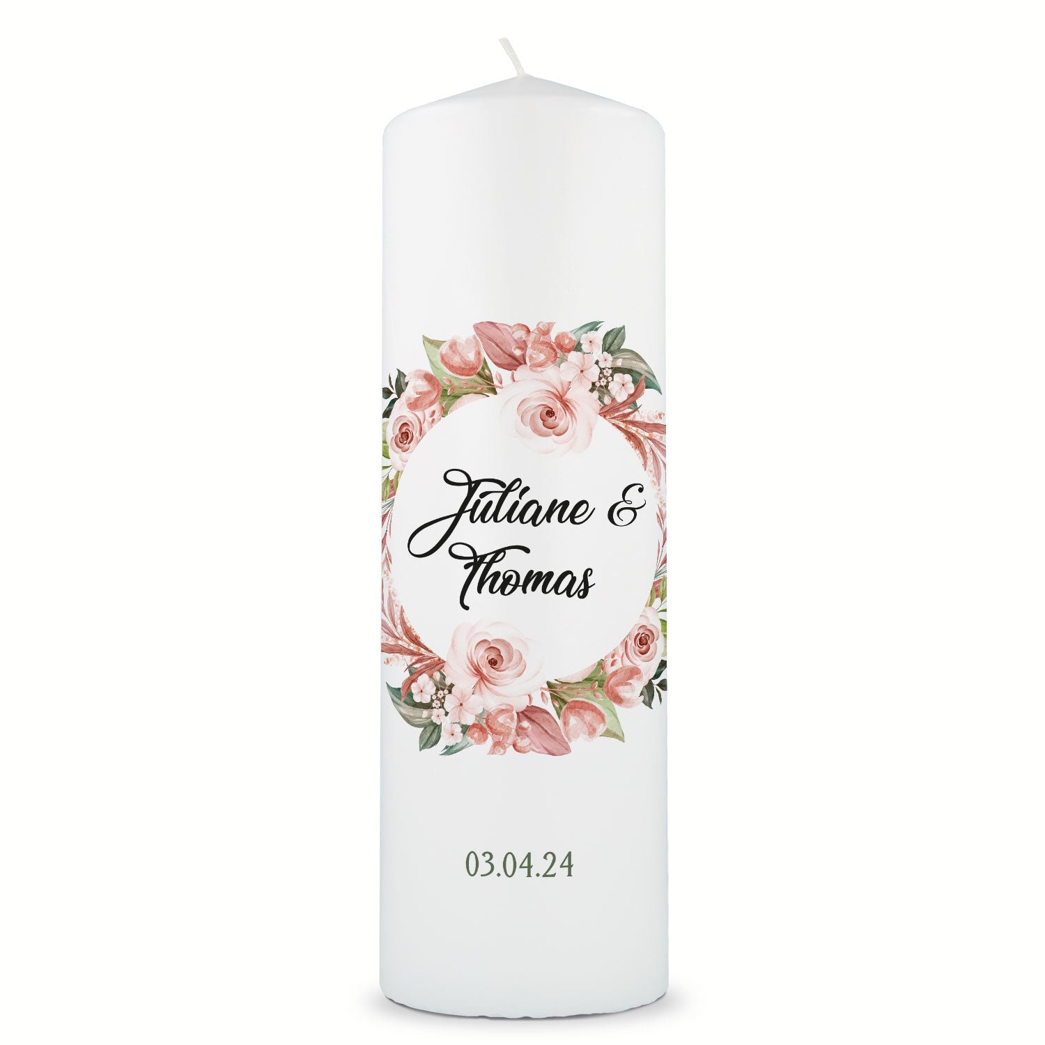 Große Kerze "Floral White" - Hochzeitskerze mit Namen, Datum & Wunschtext