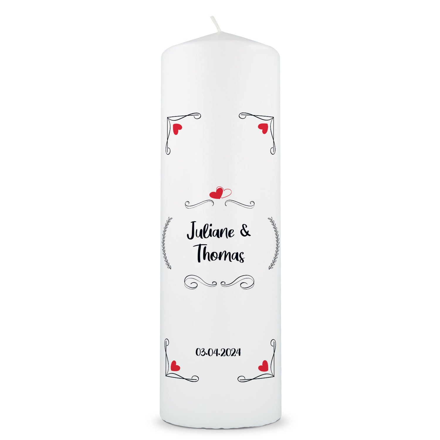 Große Kerze "Red Hearts" - Hochzeitskerze mit Namen, Datum & Wunschtext