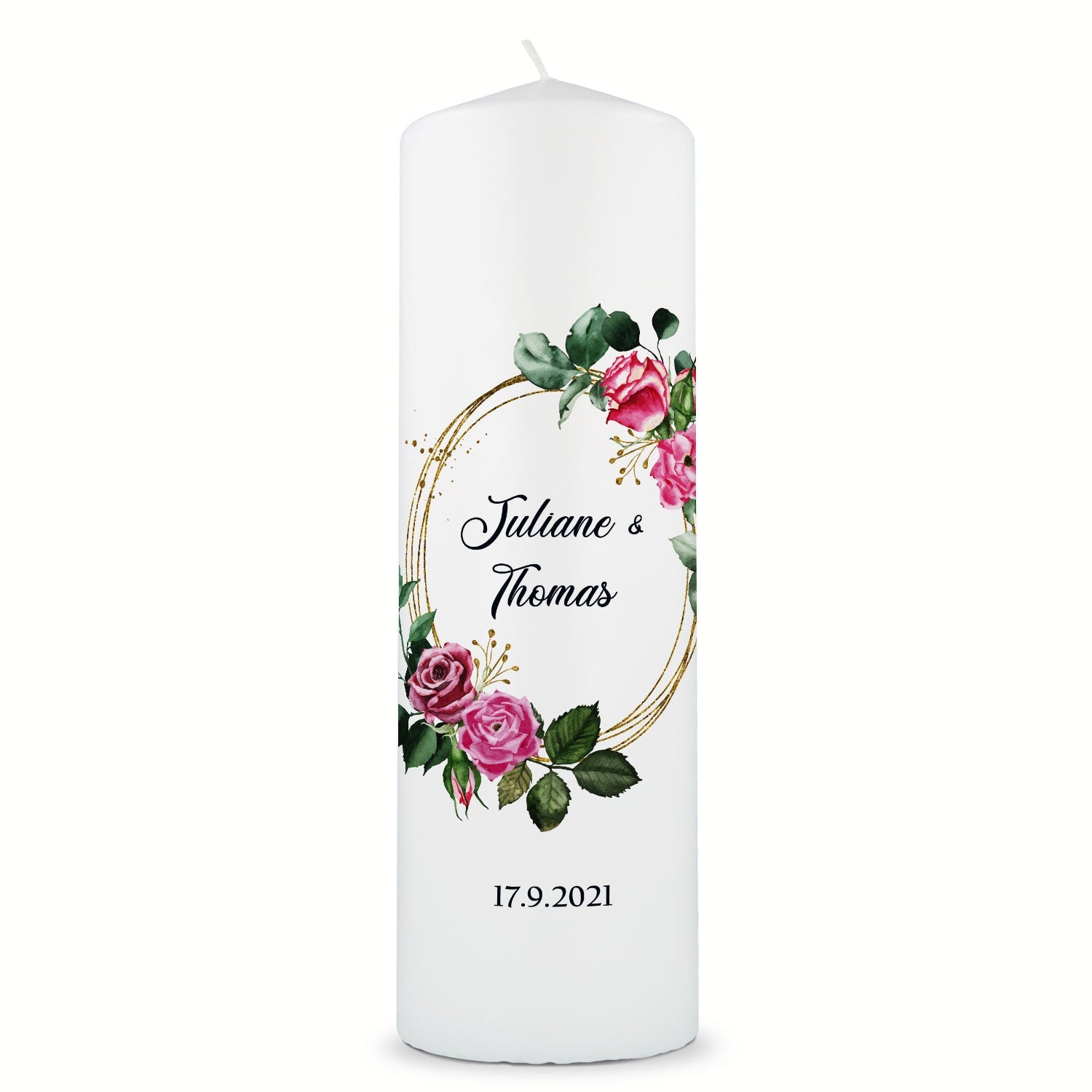 Große Kerze "Pink Rose" - Hochzeitskerze mit Namen, Datum & Wunschtext