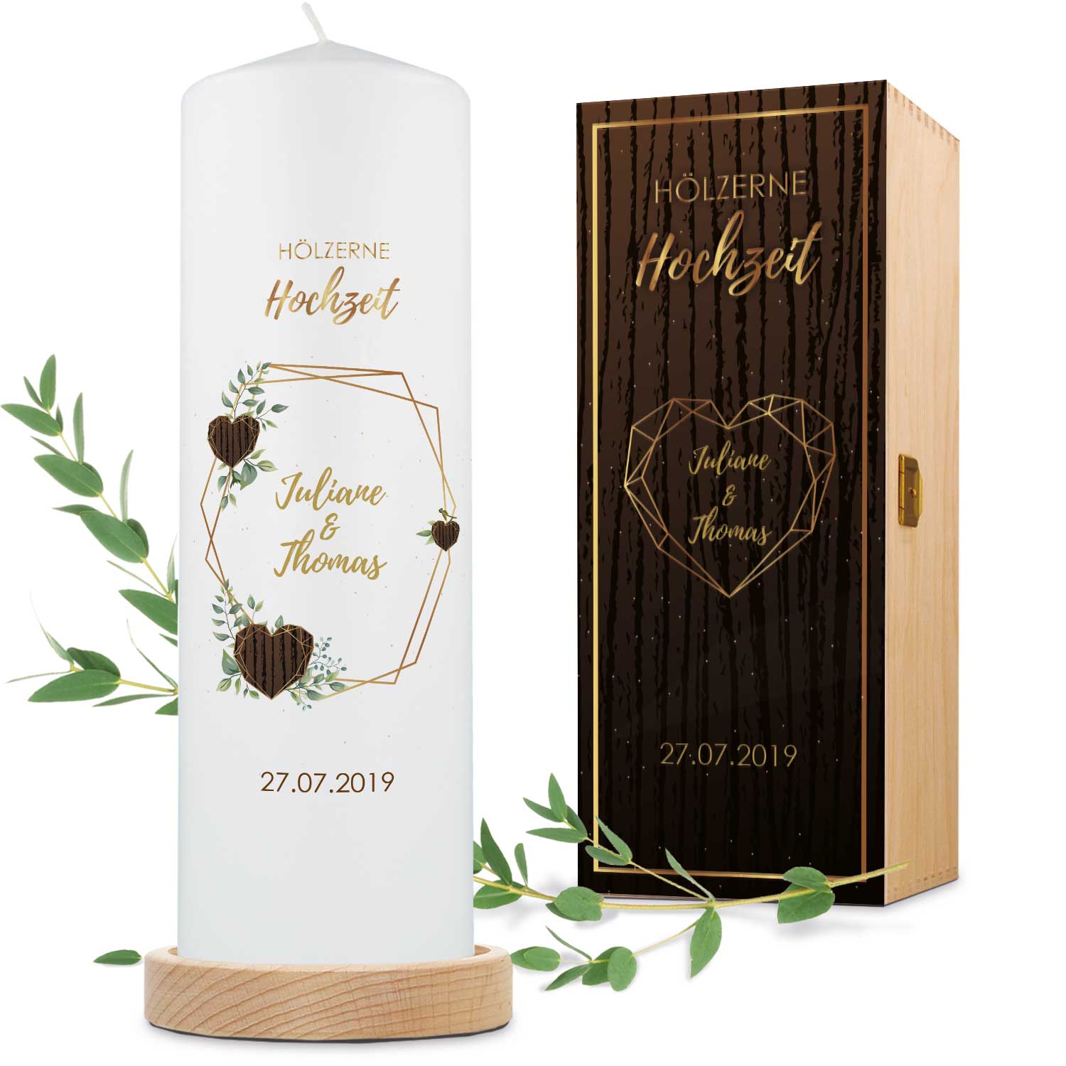 Große Kerze "Hölzerne Hochzeit" - Hochzeitskerze mit Namen, Datum & Wunschtext