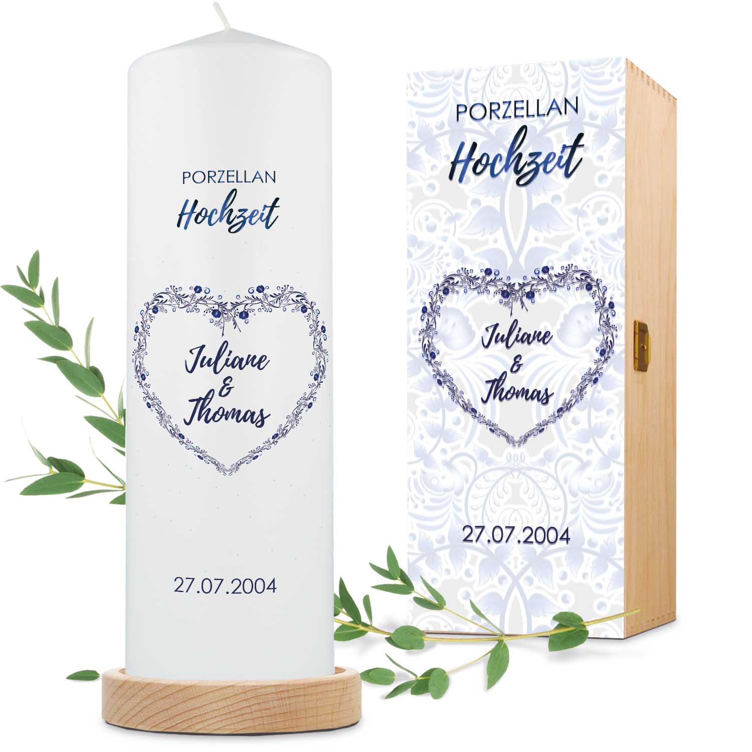 Große Kerze "Porzellanhochzeit" - Hochzeitskerze mit Namen, Datum & Wunschtext