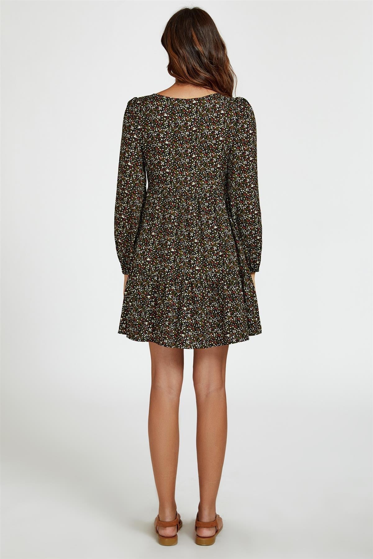 Little Floral Print Square Neck Mini Dress In Black