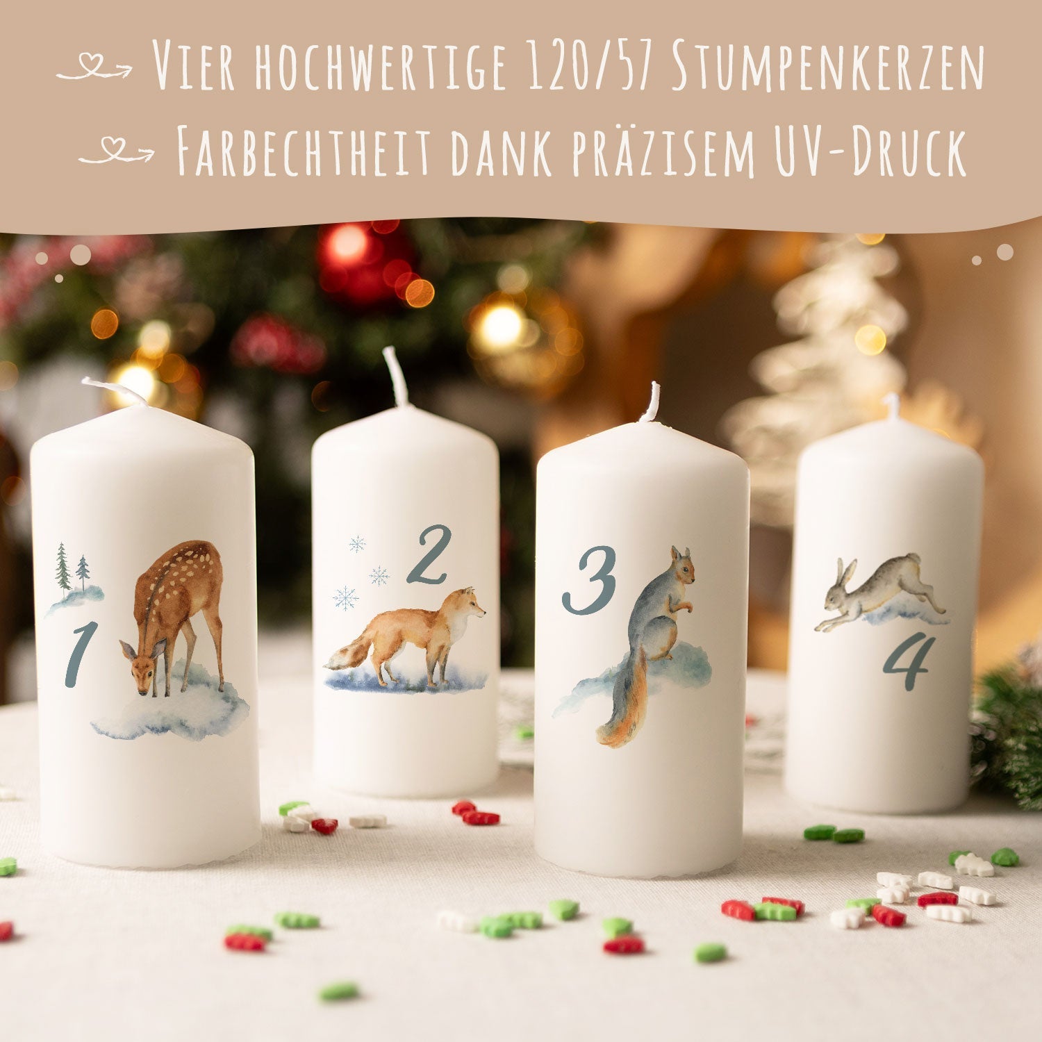 Kleine Kerzen "Advent Wintertiere Aquarell" - Adventskerzen im 4er Set
