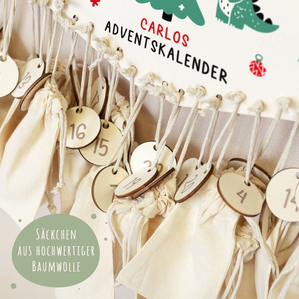 Personalisierter Adventskalender aus Holz mit Druckmotiv & Namen - Dinos