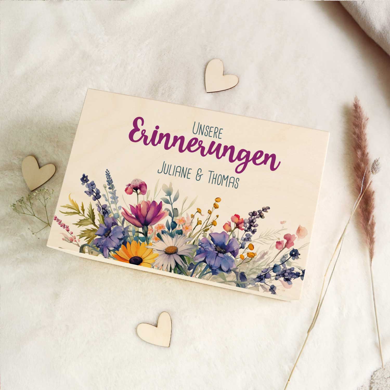 Erinnerungskiste mit UV-Druck im Unsere Erinnerungen Design - Personalisiertes Geschenk zur Hochzeit
