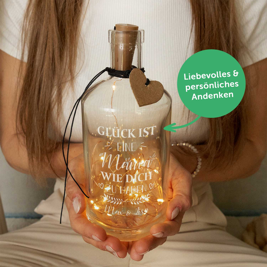 Flaschenlicht mit LED-Lichterkette und Gravur "Glück ist eine Mama wie dich zu haben"