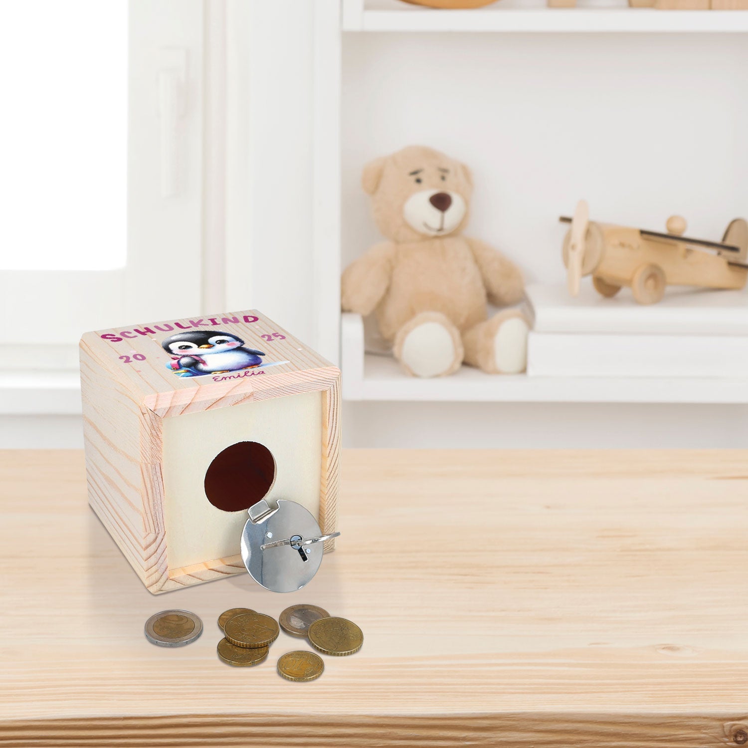 Spardose aus Holz - Schulkind