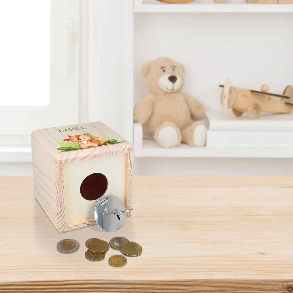 Spardose aus Holz - Waldtiere