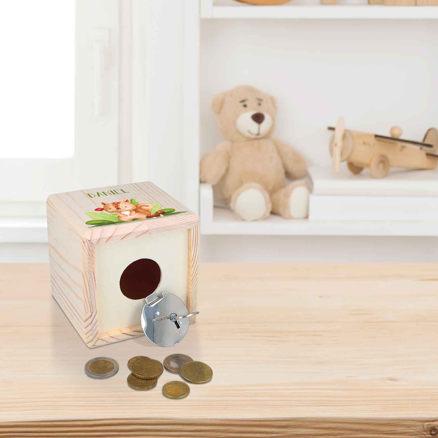 Spardose aus Holz - Waldtiere