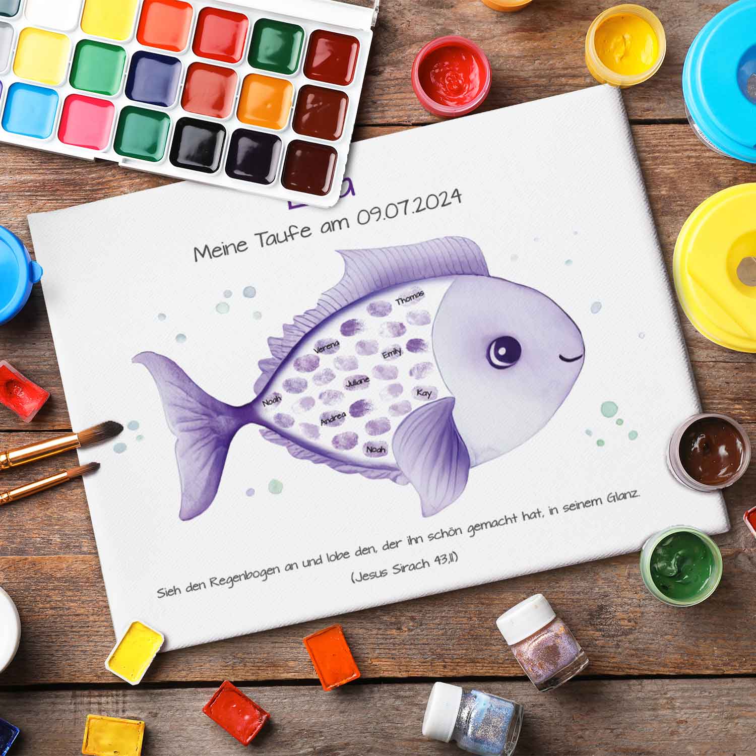 Leinwand mit Fingerabdrücken - Fisch Motiv als Gästebuch zur Taufe
