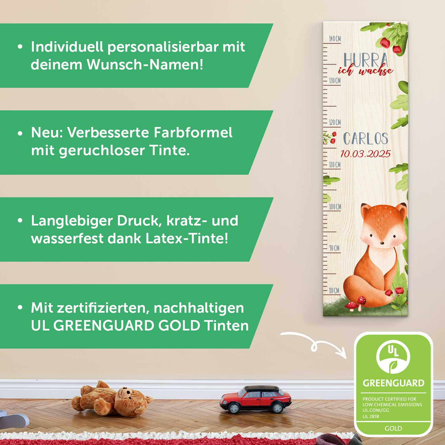 Messlatte für Kinder mit Namen aus Holz für Kinderzimmer - Tiergruppe Wald