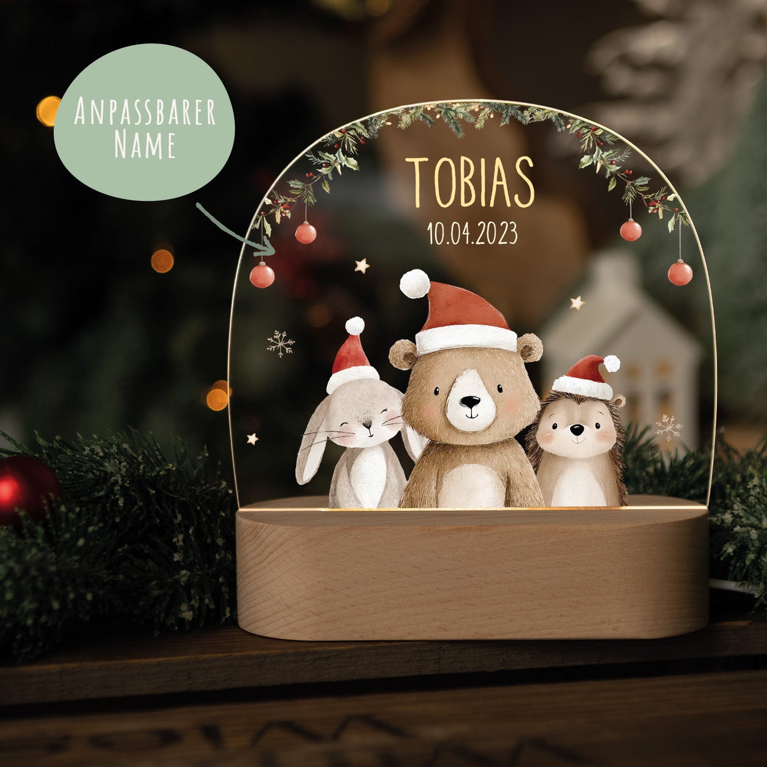Kinder LED Nachtlicht mit Sockel aus Holz - "Weihnachtstrio"