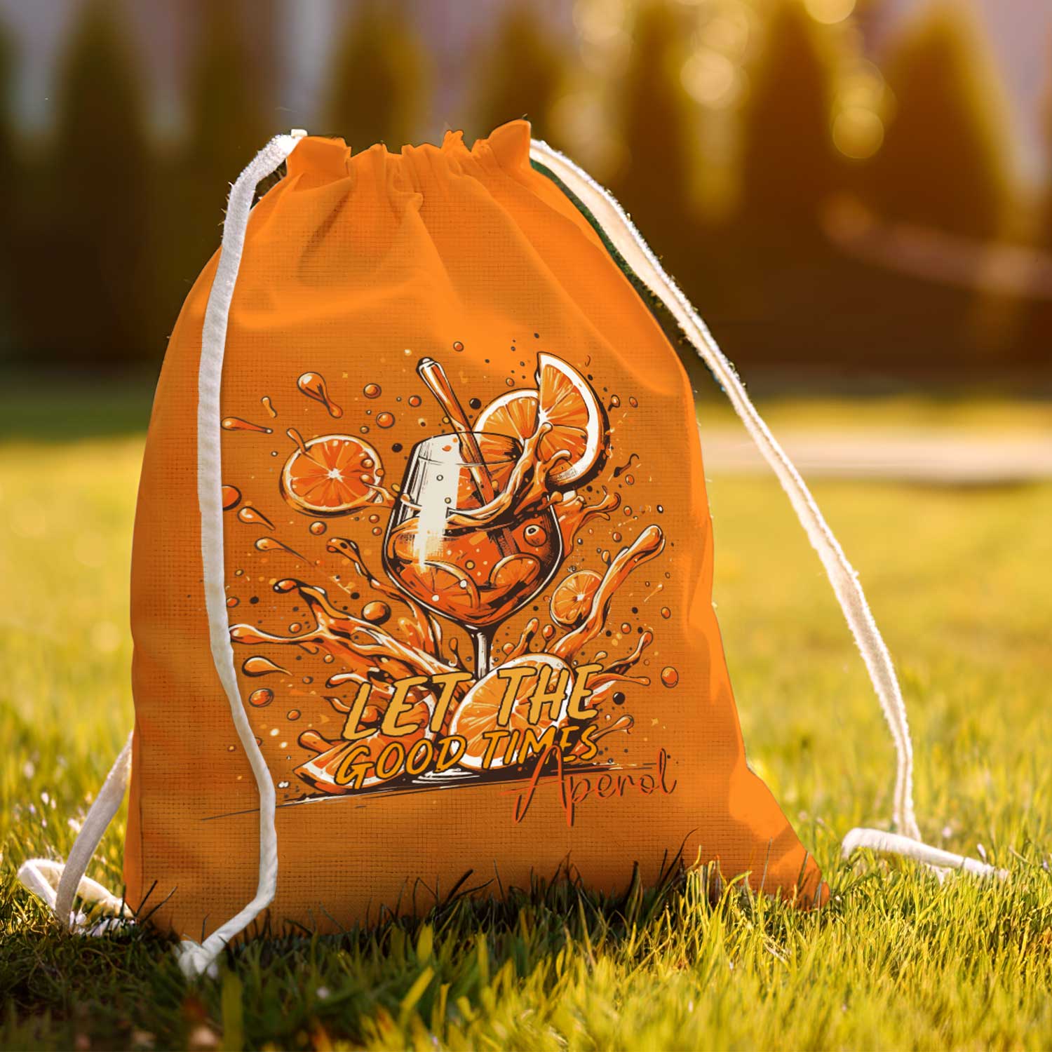 Farbiger Turnbeutel mit DTF-Druck - Let the good Times Aperol