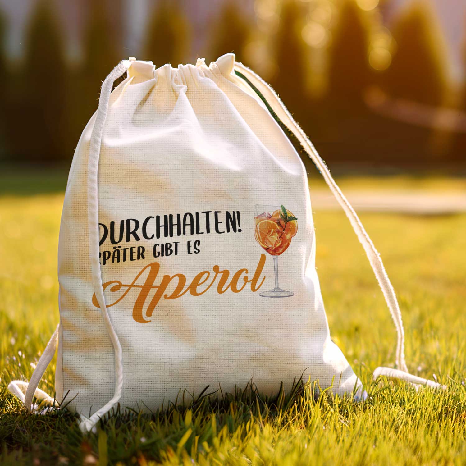 Bedruckter Turnbeutel im Durchhalten später gibt es Aperol Design