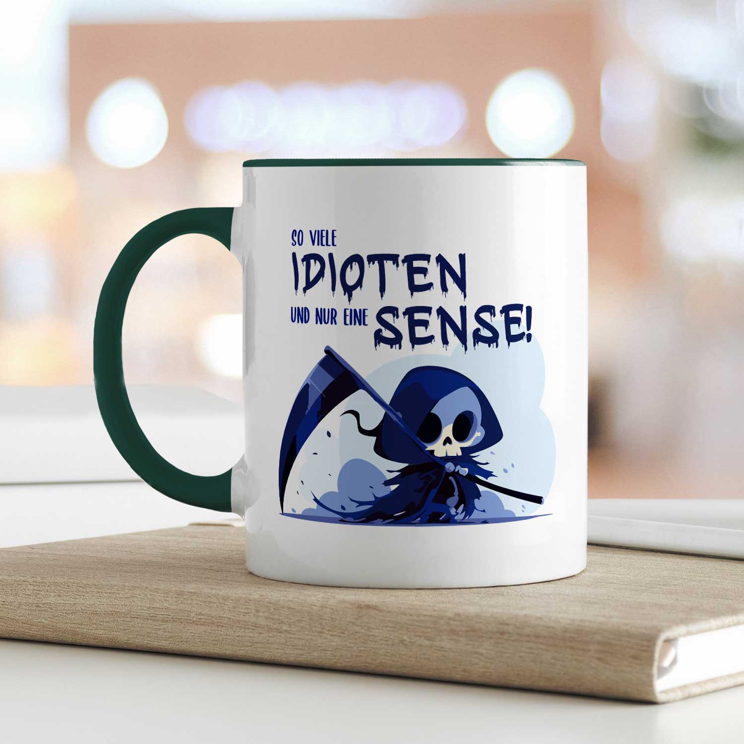 Bedruckte Tasse mit Spruch in blau - So viele Idioten und nur eine Sense