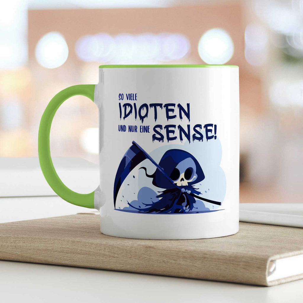 Bedruckte Tasse mit Spruch in blau - So viele Idioten und nur eine Sense
