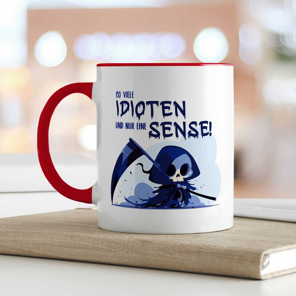 Bedruckte Tasse mit Spruch in blau - So viele Idioten und nur eine Sense
