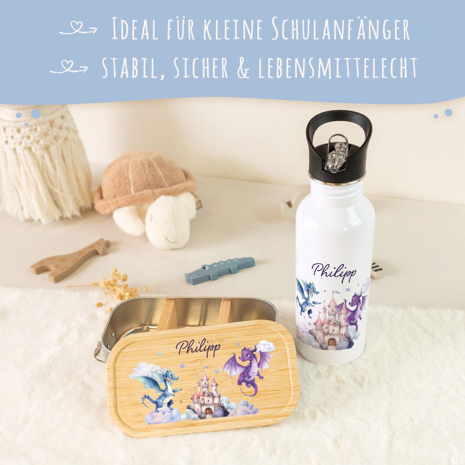 Bedruckte Brotdose & Trinkflasche im Set - Drache